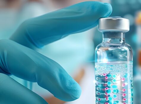 Close-up photograph of hands wearing blue nitrile gloves handling a clear glass vial containing a solution with visible molecules represented by blue and pink spheres connected in a chain-like structure, suggesting biomolecular or pharmaceutical content.