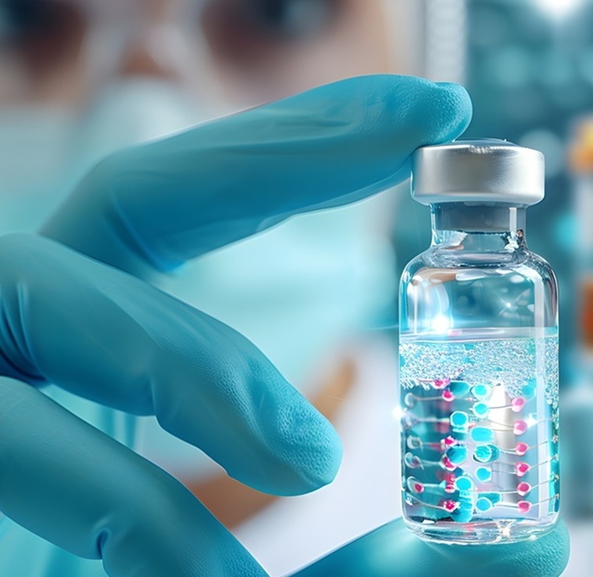 Close-up photograph of hands wearing blue nitrile gloves handling a clear glass vial containing a solution with visible molecules represented by blue and pink spheres connected in a chain-like structure, suggesting biomolecular or pharmaceutical content.