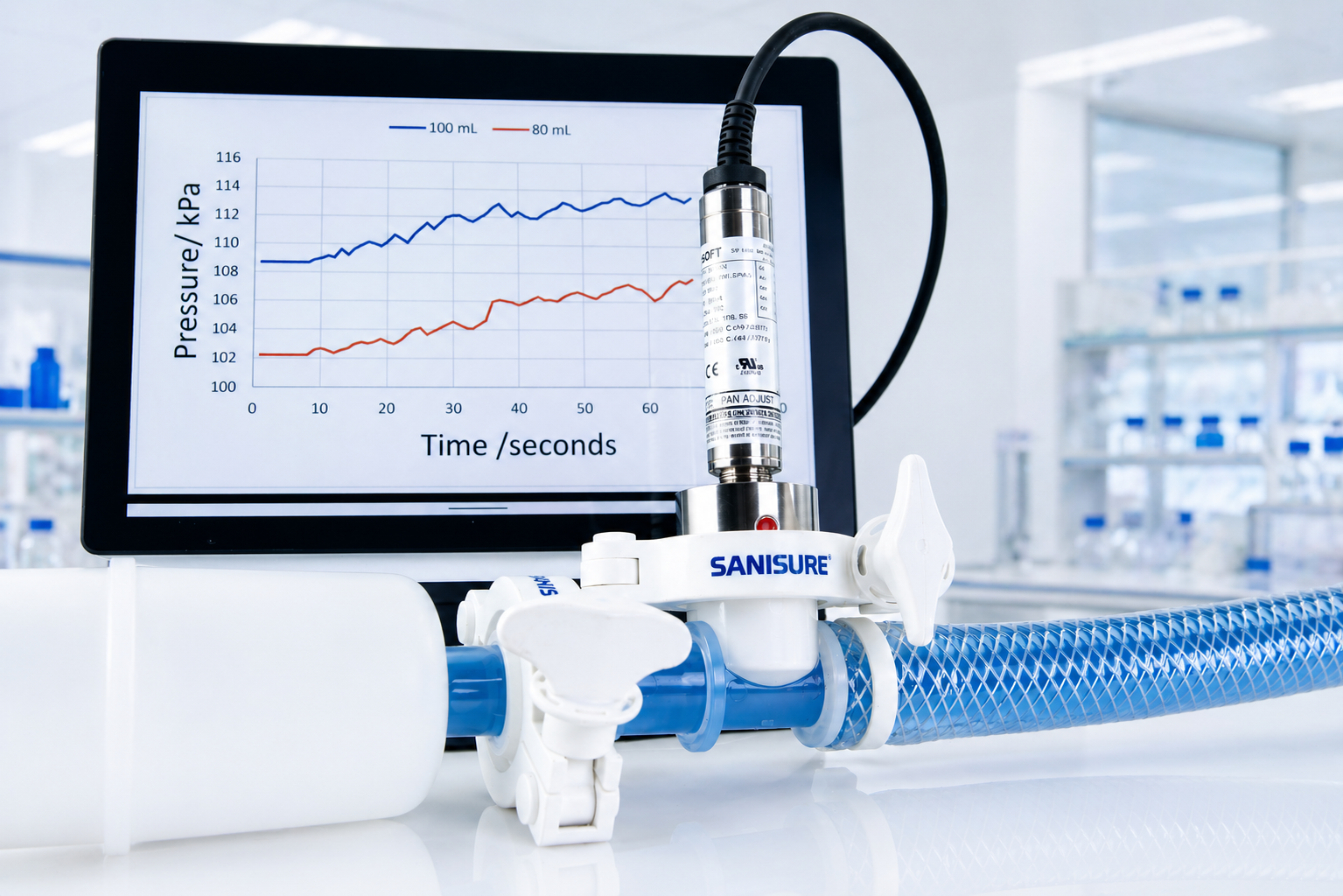 aSURE™ Instrument Tee single-use pressure sensing assembly with monitor