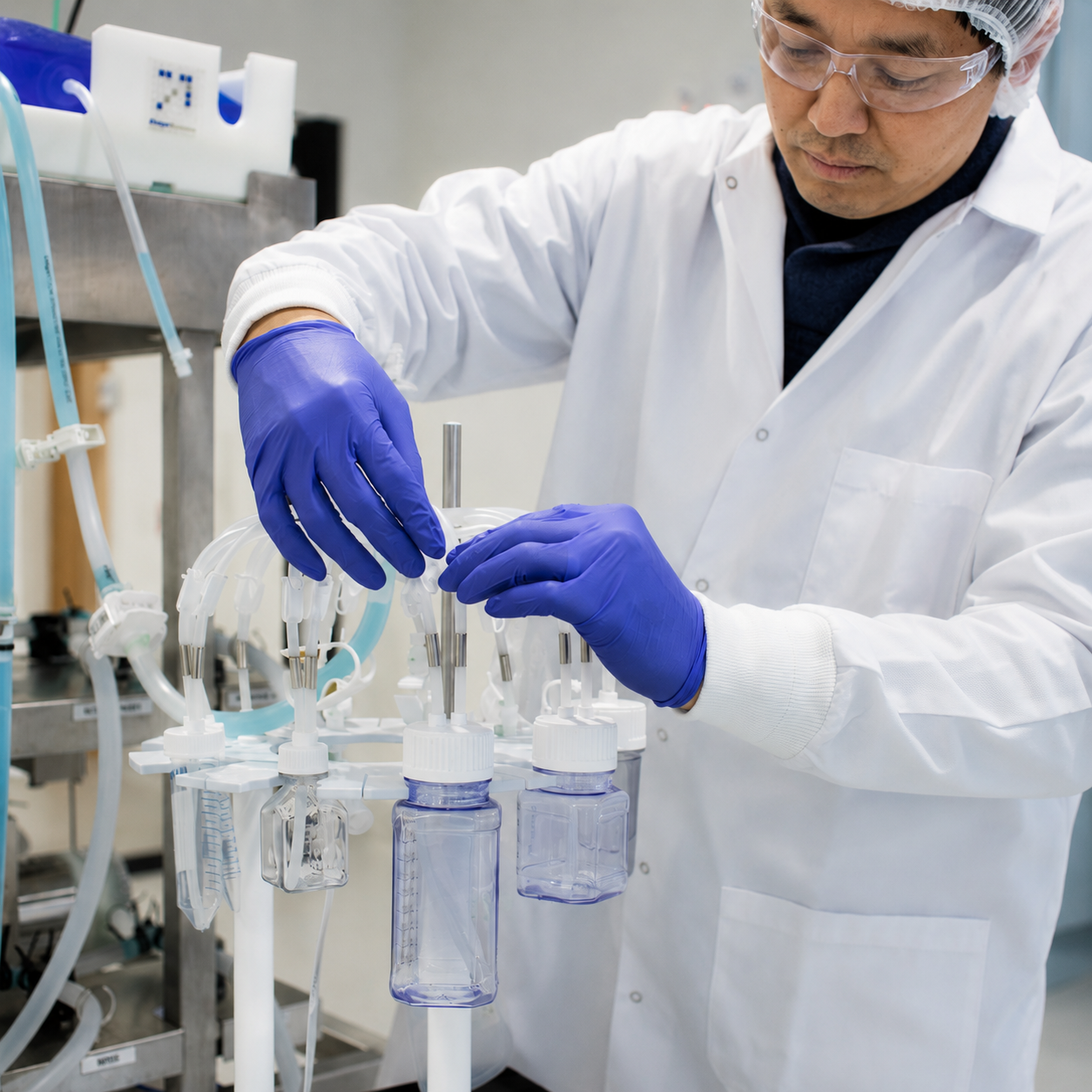 Lab technician in cleanroom configuring a single-use fluid management assembly with tubing and connector components