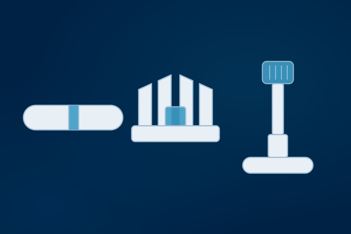 The three mixing systems compared in the study, photographed at true relative scale: a conventional magnetic stir bar, the Mixed4Sure M4SB bottom-mounted four-blade impeller, and the Mixed4Sure M4ST top-mounted bar impeller with a fixed baffle